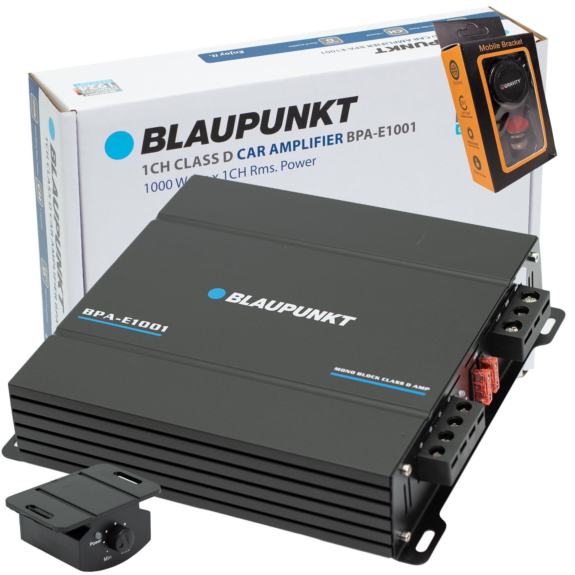 Blaupunkt BPA-E1001 1-Channel Class D Monoblock Amplifier 2000W Max - Deep Bass, High Efficiency, Compact Design Bundle with Gravity Magnet Phone Holder Blaupunkt BPA-E1001 1-Channel Class D Monoblock Amplifier 2000W Max - Deep Bass, High Efficiency, Compact Design Bundle with Gravity Magnet Phone Holder